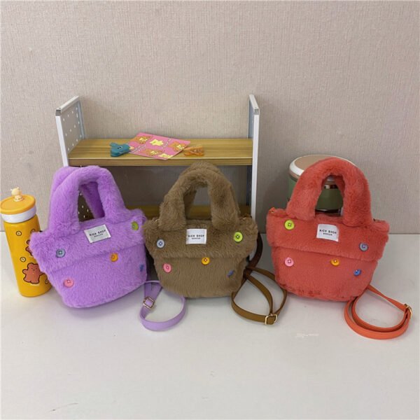 Winter Plush Bag Imitation Rabbit Fur Button Hand-Held Design Cute Bucket Bag Shoulder Messenger Bag Women's Bag