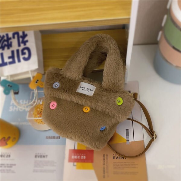 Winter Plush Bag Imitation Rabbit Fur Button Hand-Held Design Cute Bucket Bag Shoulder Messenger Bag Women's Bag
