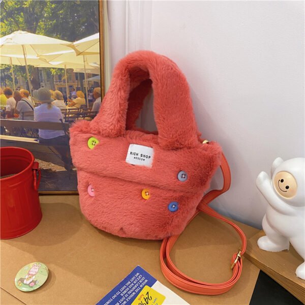 Winter Plush Bag Imitation Rabbit Fur Button Hand-Held Design Cute Bucket Bag Shoulder Messenger Bag Women's Bag