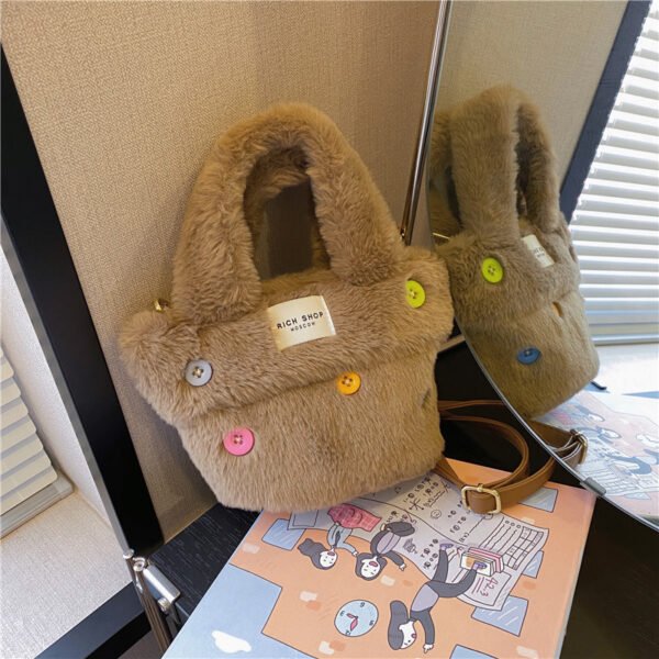 Winter Plush Bag Imitation Rabbit Fur Button Hand-Held Design Cute Bucket Bag Shoulder Messenger Bag Women's Bag