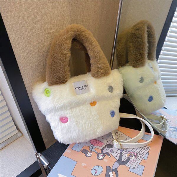 Winter Plush Bag Imitation Rabbit Fur Button Hand-Held Design Cute Bucket Bag Shoulder Messenger Bag Women's Bag