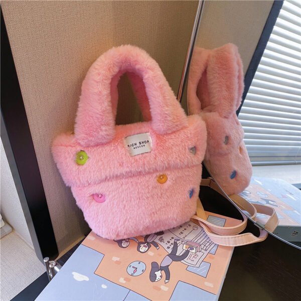 Winter Plush Bag Imitation Rabbit Fur Button Hand-Held Design Cute Bucket Bag Shoulder Messenger Bag Women's Bag