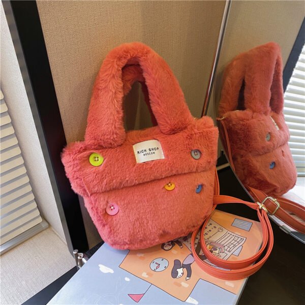 Winter Plush Bag Imitation Rabbit Fur Button Hand-Held Design Cute Bucket Bag Shoulder Messenger Bag Women's Bag