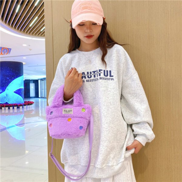 Winter Plush Bag Imitation Rabbit Fur Button Hand-Held Design Cute Bucket Bag Shoulder Messenger Bag Women's Bag