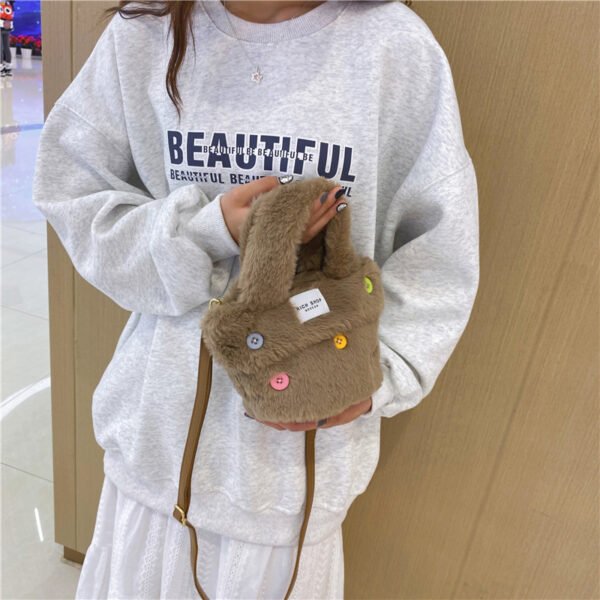 Winter Plush Bag Imitation Rabbit Fur Button Hand-Held Design Cute Bucket Bag Shoulder Messenger Bag Women's Bag