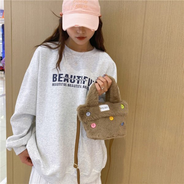 Winter Plush Bag Imitation Rabbit Fur Button Hand-Held Design Cute Bucket Bag Shoulder Messenger Bag Women's Bag