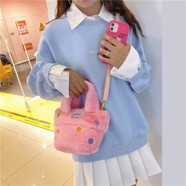 Winter Plush Bag Imitation Rabbit Fur Button Hand-Held Design Cute Bucket Bag Shoulder Messenger Bag Women's Bag