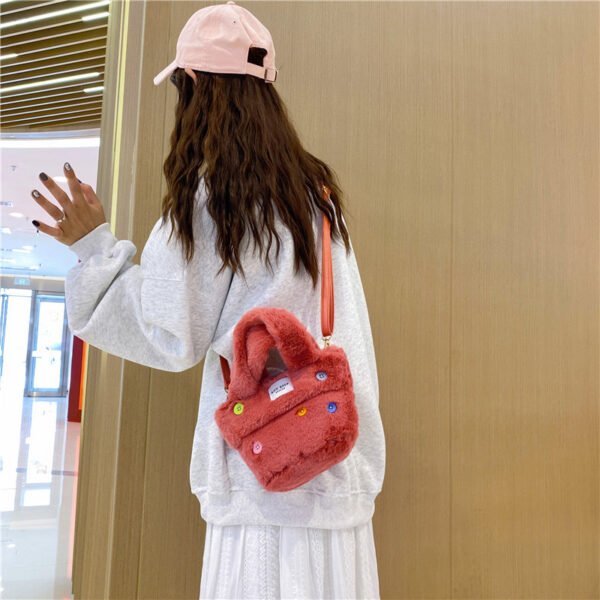 Winter Plush Bag Imitation Rabbit Fur Button Hand-Held Design Cute Bucket Bag Shoulder Messenger Bag Women's Bag
