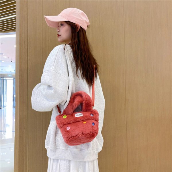 Winter Plush Bag Imitation Rabbit Fur Button Hand-Held Design Cute Bucket Bag Shoulder Messenger Bag Women's Bag