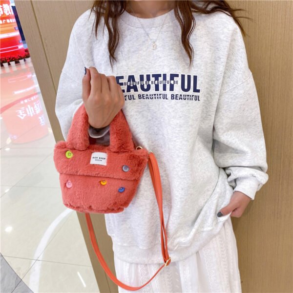 Winter Plush Bag Imitation Rabbit Fur Button Hand-Held Design Cute Bucket Bag Shoulder Messenger Bag Women's Bag