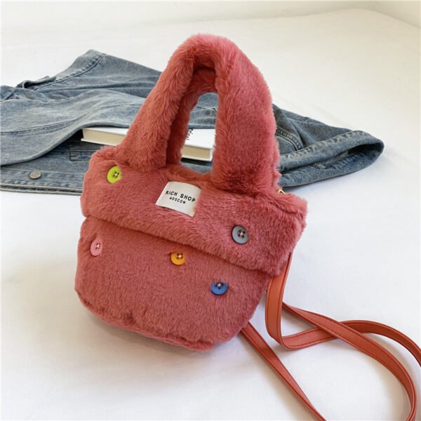Winter Plush Bag Imitation Rabbit Fur Button Hand-Held Design Cute Bucket Bag Shoulder Messenger Bag Women's Bag