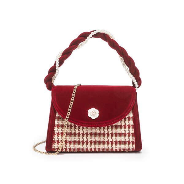 Velvet red bag women's wedding niche high-end houndstooth handbag