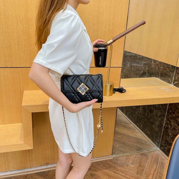 Texture White Pu Bag Female Tide Fashion Small Gold Ball Diamond Lattice Bag Pearl Chain Crossbody Small Bag Female Summer