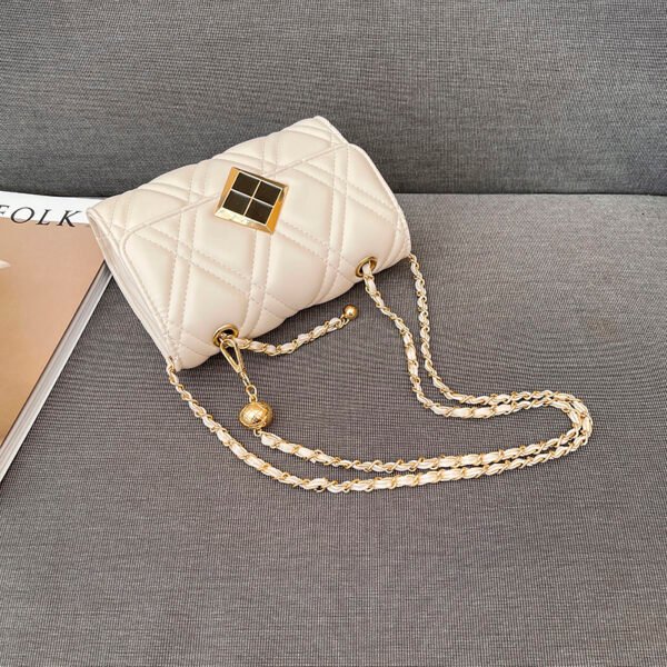 Texture White Pu Bag Female Tide Fashion Small Gold Ball Diamond Lattice Bag Pearl Chain Crossbody Small Bag Female Summer