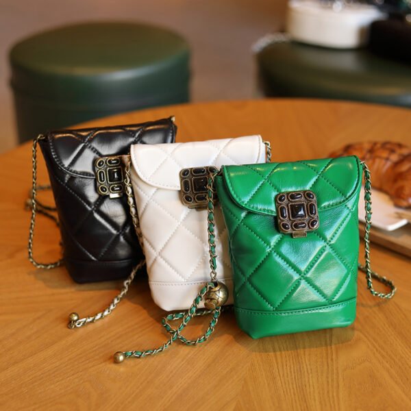 2025 New Fashion Genuine Leather Quilted Chain Phone Bag – Luxe Mini Crossbody with Gem & Gold Ball Detail