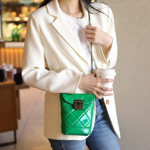 2025 New Fashion Genuine Leather Quilted Chain Phone Bag – Luxe Mini Crossbody with Gem & Gold Ball Detail