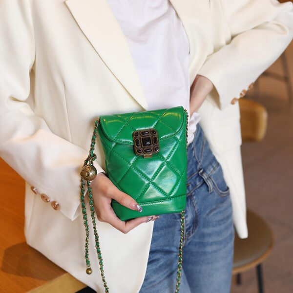 2025 New Fashion Genuine Leather Quilted Chain Phone Bag – Luxe Mini Crossbody with Gem & Gold Ball Detail