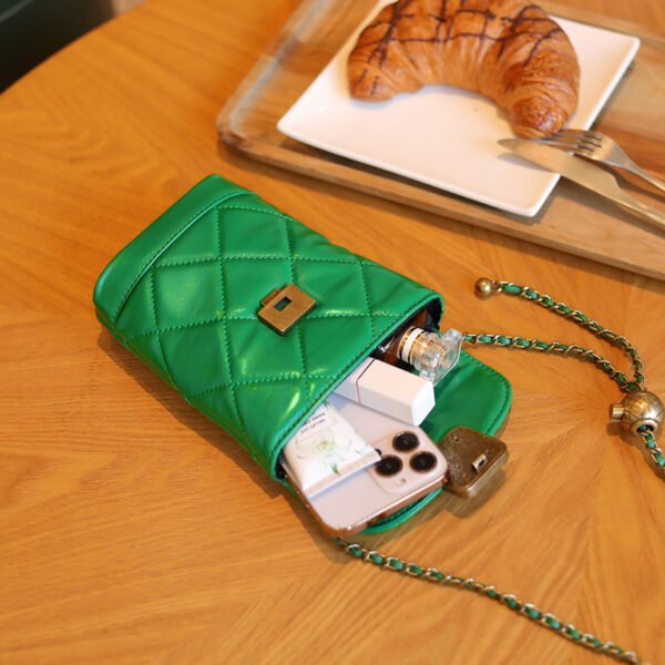 2025 New Fashion Genuine Leather Quilted Chain Phone Bag – Luxe Mini Crossbody with Gem & Gold Ball Detail