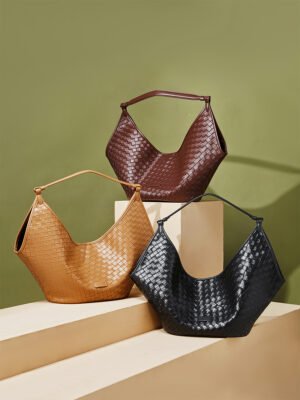 Genuine Leather Woven Tote Bag | Large Capacity Shoulder Hobo Bag for Women | Quilted Commuter Handbag