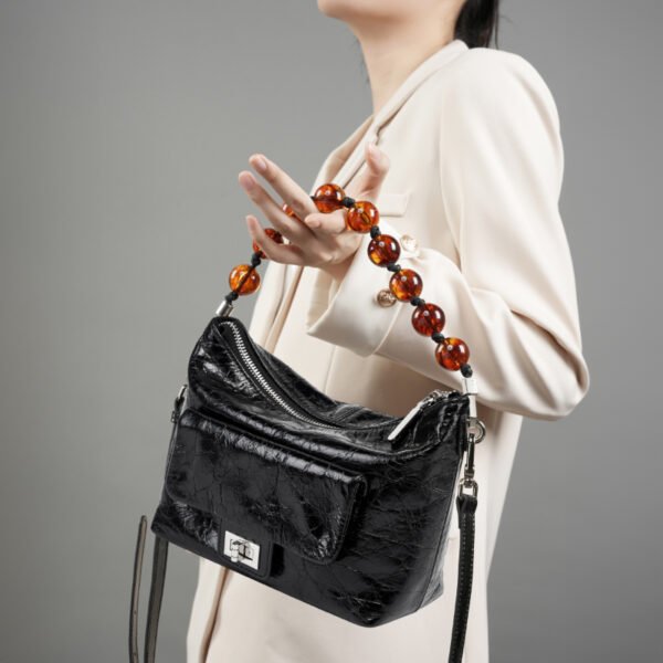 Vintage Oil Wax Leather Shoulder Bag | Pleated Beaded Chain Crossbody Handbag