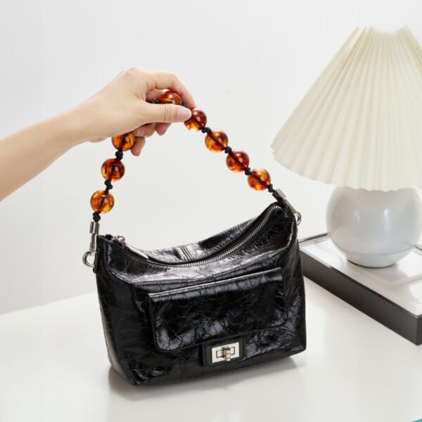 Vintage Oil Wax Leather Shoulder Bag | Pleated Beaded Chain Crossbody Handbag