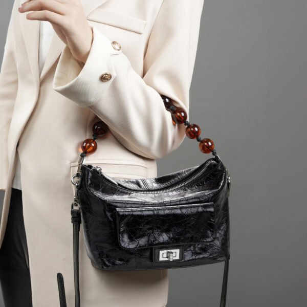 Vintage Oil Wax Leather Shoulder Bag | Pleated Beaded Chain Crossbody Handbag