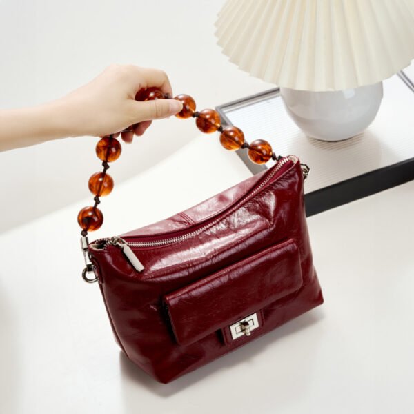 Vintage Oil Wax Leather Shoulder Bag | Pleated Beaded Chain Crossbody Handbag
