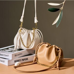 Korean Style Genuine Leather Cloud Shoulder Bag – Women’s Cowhide Chain Bucket Bag