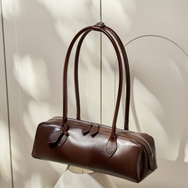 Leather Baguette Shoulder Bag — Minimalist Long Underarm Tote