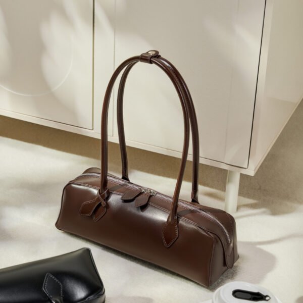 Leather Baguette Shoulder Bag — Minimalist Long Underarm Tote