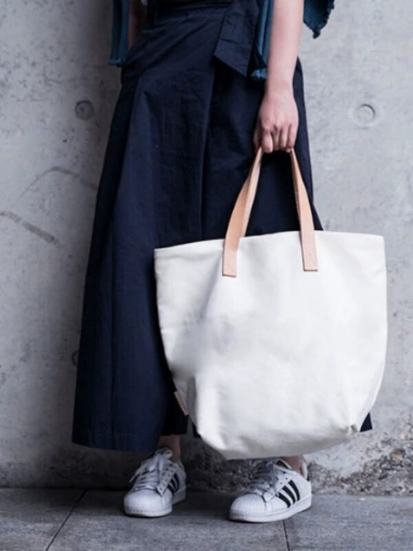 Heavyweight Canvas Tote Bag with Genuine Leather Handle — Large Shoulder Bag for Daily & Travel