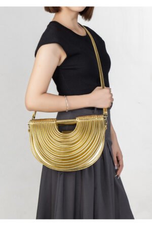 PU Woven Bamboo Handle Crescent Bag — Fashion Handheld Shoulder Bag
