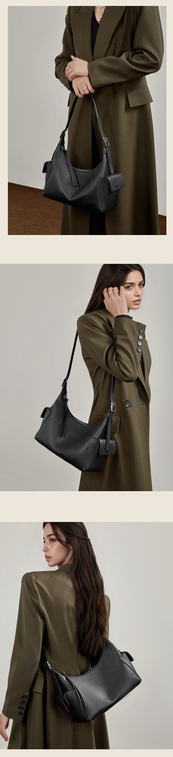 Full-Grain Veg-Tanned Leather Hobo Bag — Large Capacity Casual Shoulder Bag for Women