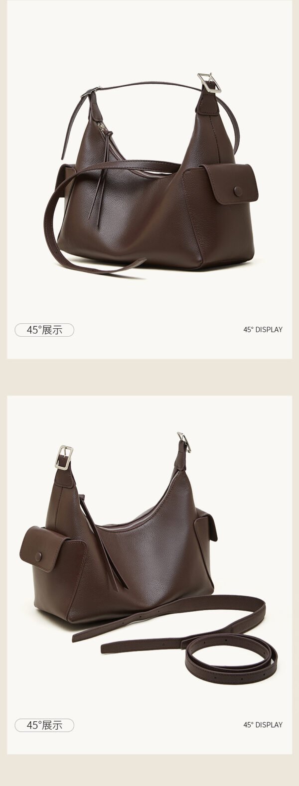 Full-Grain Veg-Tanned Leather Hobo Bag — Large Capacity Casual Shoulder Bag for Women