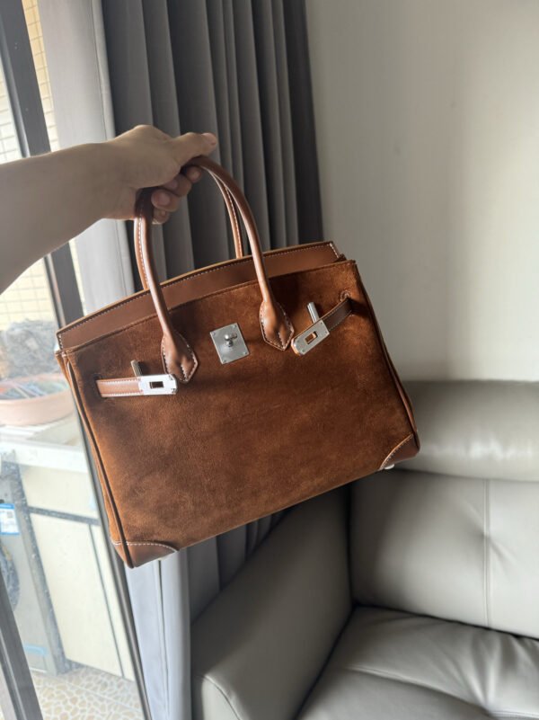 详情-20 Suede Leather Birkin-Style Tote Bag — Premium Matte Texture & Large Capacity