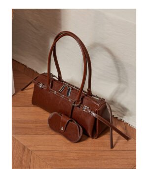 Retro Moto-Style Leather Baguette Handbag — Belt-Detail Edge & Urban Cool