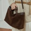 Genuine Leather Tote Bag — Color-Block Vintage Commuter Design