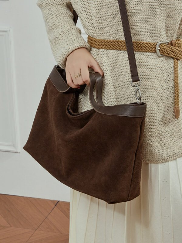 Genuine Leather Tote Bag — Color-Block Vintage Commuter Design