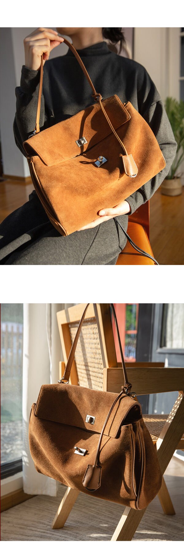 Autumn/Winter New Arrival: Suede and Satin Leather Luxury Kelly Bag with Lock Clasp Handheld, Underarm, Commuter, Single-Shoulder Tote Bag