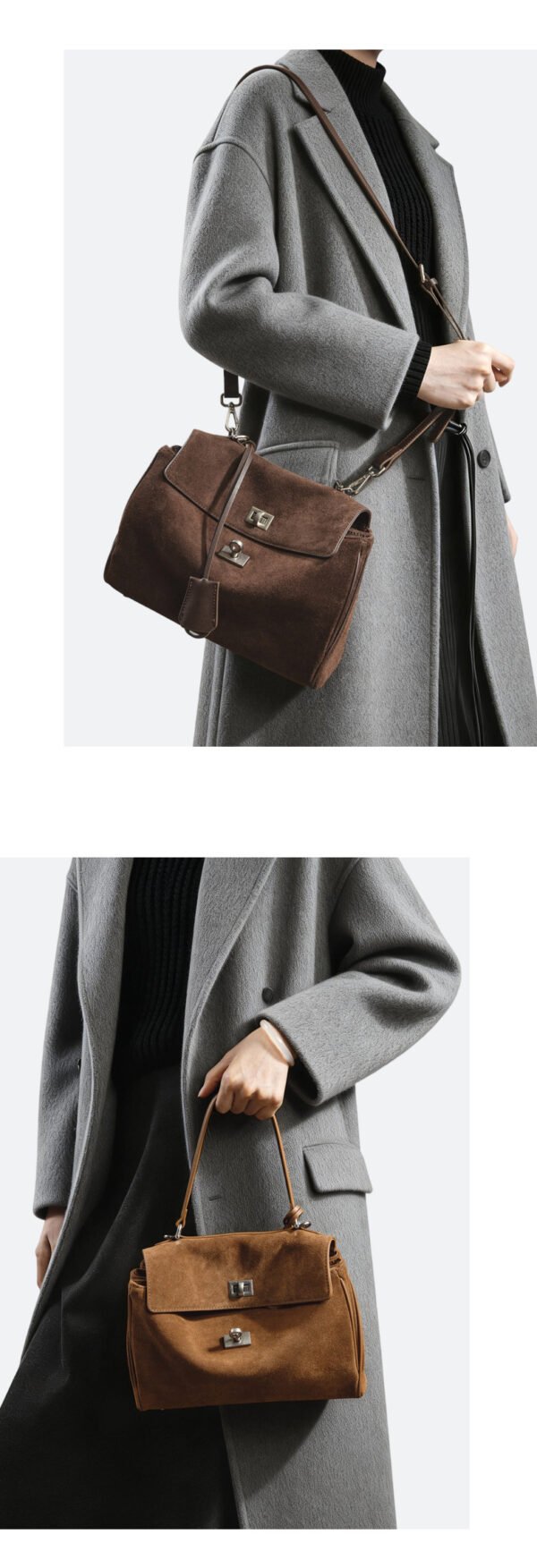 Autumn/Winter New Arrival: Suede and Satin Leather Luxury Kelly Bag with Lock Clasp Handheld, Underarm, Commuter, Single-Shoulder Tote Bag
