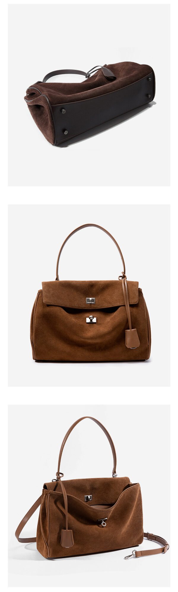 Autumn/Winter New Arrival: Suede and Satin Leather Luxury Kelly Bag with Lock Clasp Handheld, Underarm, Commuter, Single-Shoulder Tote Bag