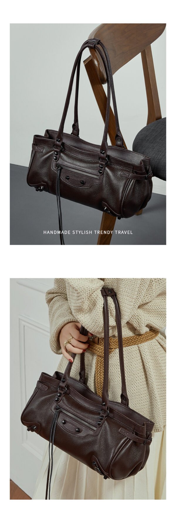 Spicy Girl Studded Top-Grain Cowhide Underarm Bag New Horizontal Style Punk Biker Bag