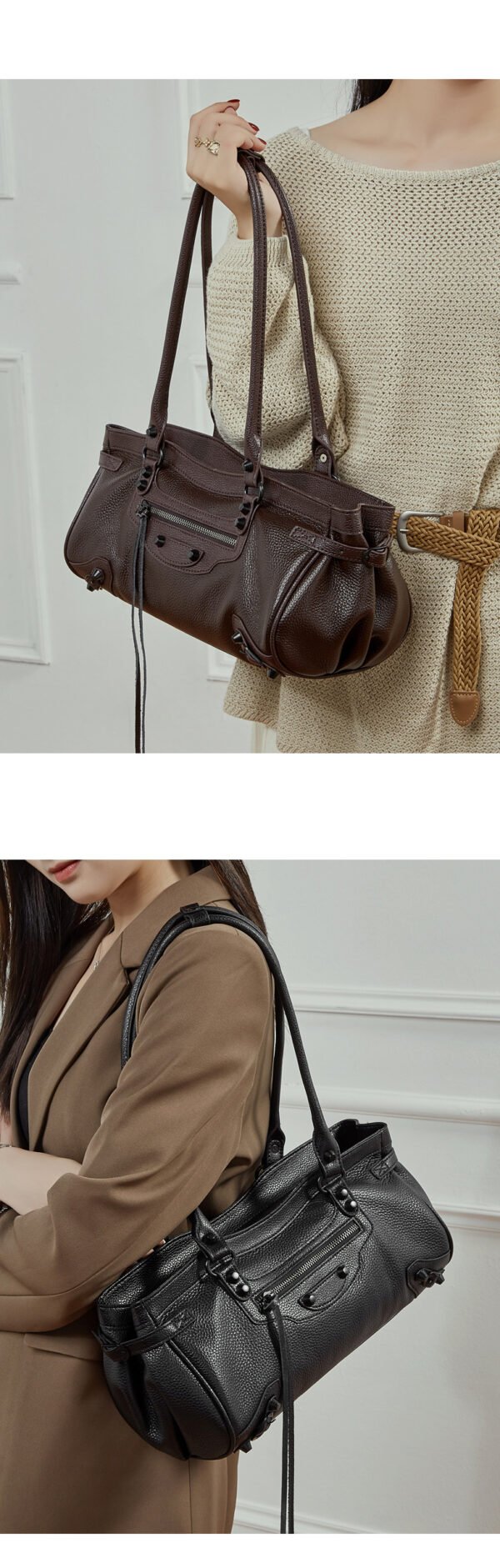 Spicy Girl Studded Top-Grain Cowhide Underarm Bag New Horizontal Style Punk Biker Bag