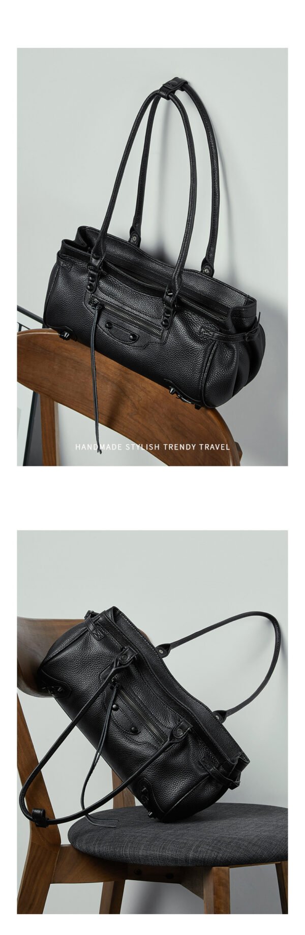 Spicy Girl Studded Top-Grain Cowhide Underarm Bag New Horizontal Style Punk Biker Bag