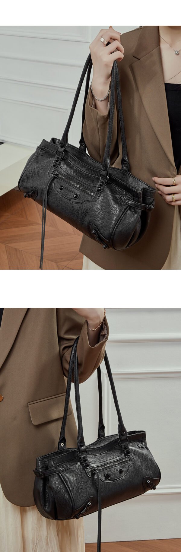 Spicy Girl Studded Top-Grain Cowhide Underarm Bag New Horizontal Style Punk Biker Bag