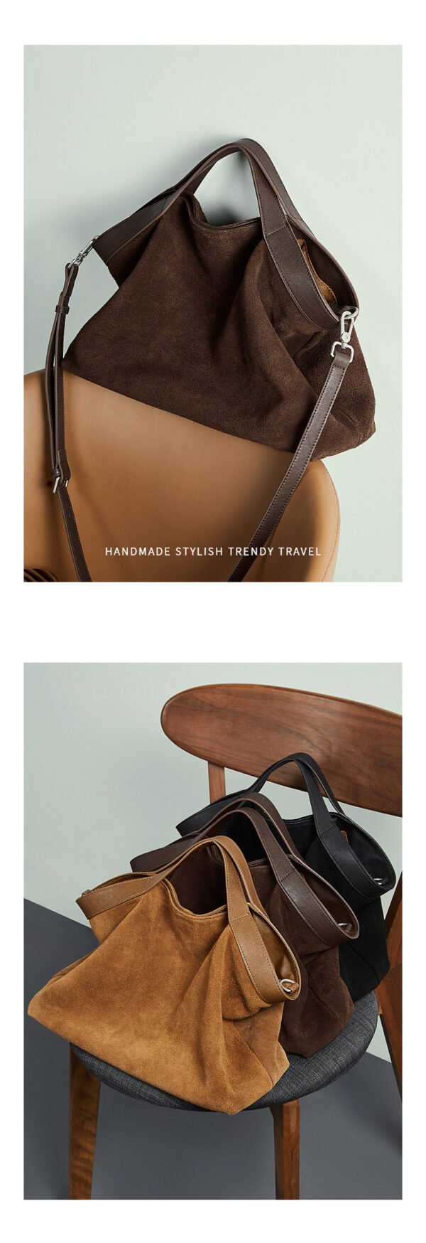 Genuine Leather Tote Bag — Color-Block Vintage Commuter Design