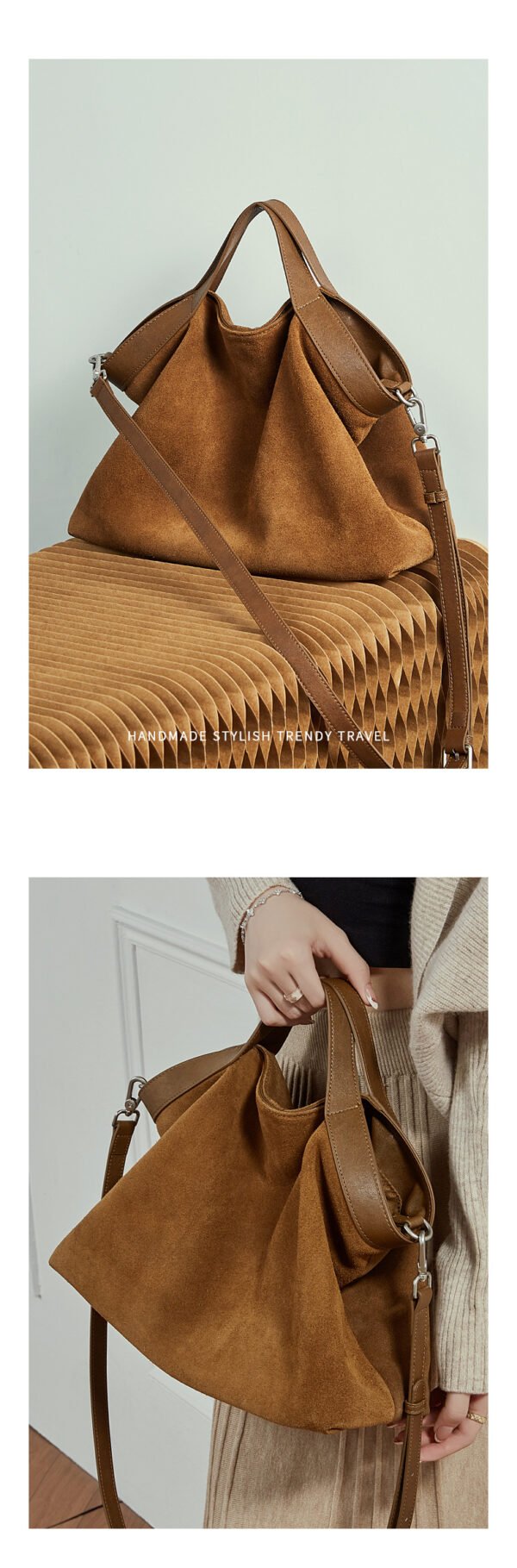 Genuine Leather Tote Bag — Color-Block Vintage Commuter Design