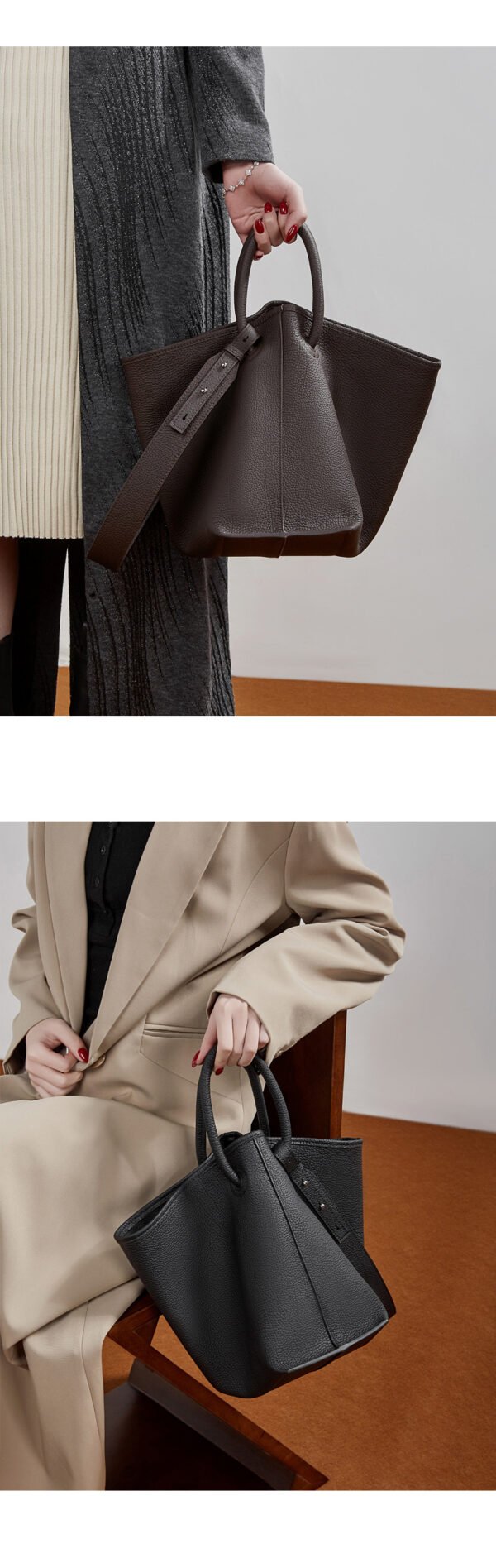 Top-Grain Leather Bucket Bag 2026 New Style Minimalist Commuting Genuine Leather Women‘s Handbag Handheld Vegetable Basket Bag Crossbody Bag